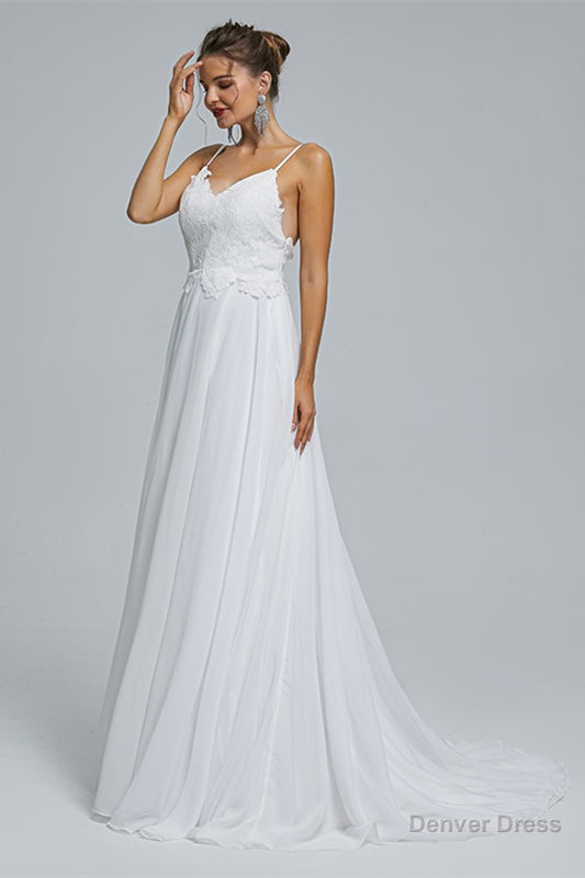 A Line Spaghetti Straps Beach Lace Wedding Dresses
