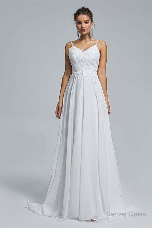 A Line Spaghetti Straps Beach Lace Wedding Dresses