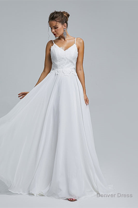A Line Spaghetti Straps Beach Lace Wedding Dresses
