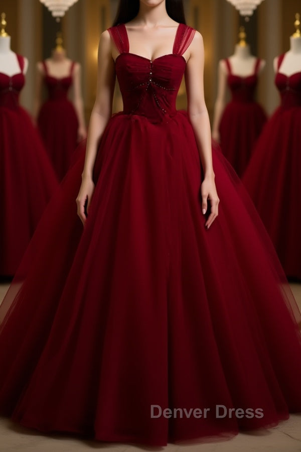 A Line Spaghetti Straps Beaded Burgundy Tulle Long Prom Dress, Long Burgundy Prom Dresses Main image