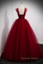 A Line Spaghetti Straps Beaded Burgundy Tulle Long Prom Dress, Long Burgundy Prom Dresses