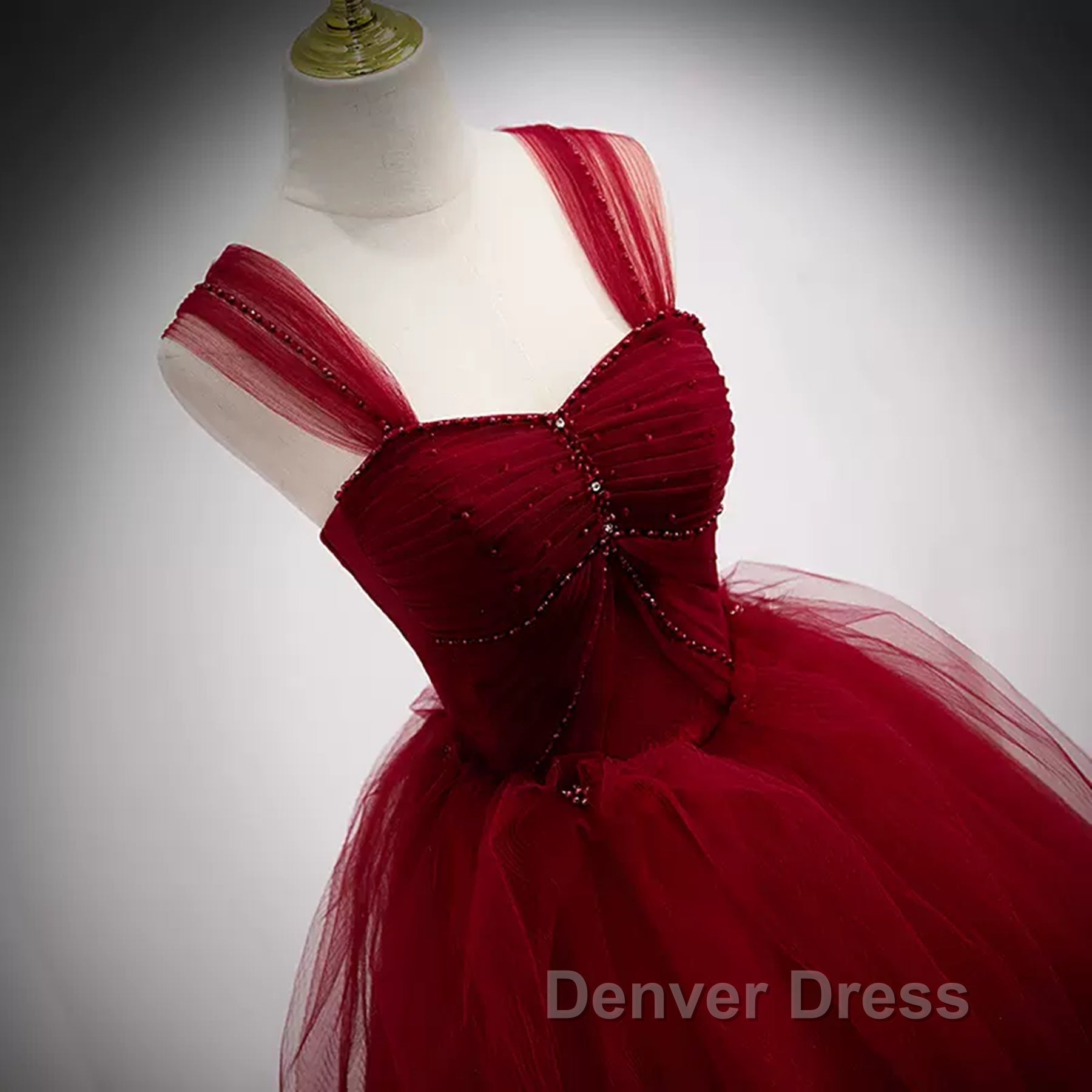 A Line Spaghetti Straps Beaded Burgundy Tulle Long Prom Dress, Long Burgundy Prom Dresses