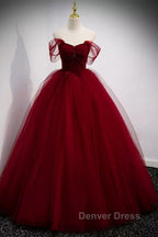 A Line Spaghetti Straps Beaded Burgundy Tulle Long Prom Dress, Long Burgundy Prom Dresses