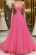 A Line Spaghetti Straps Beaded Pink Lace Long Prom Dress, Pink Lace Prom Dress, Pink Tulle Prom Dresses