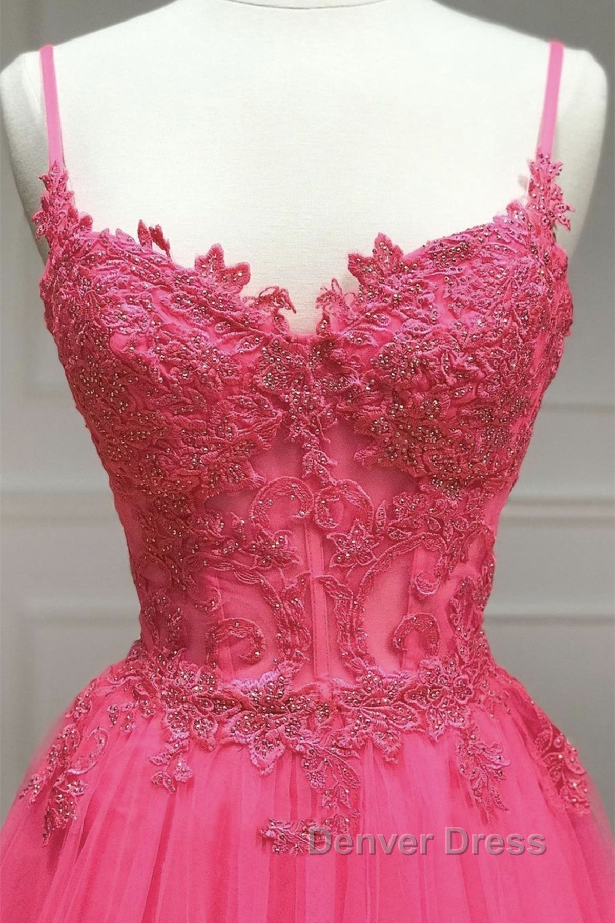A Line Spaghetti Straps Beaded Pink Lace Long Prom Dress, Pink Lace Prom Dress, Pink Tulle Prom Dresses Secondary image