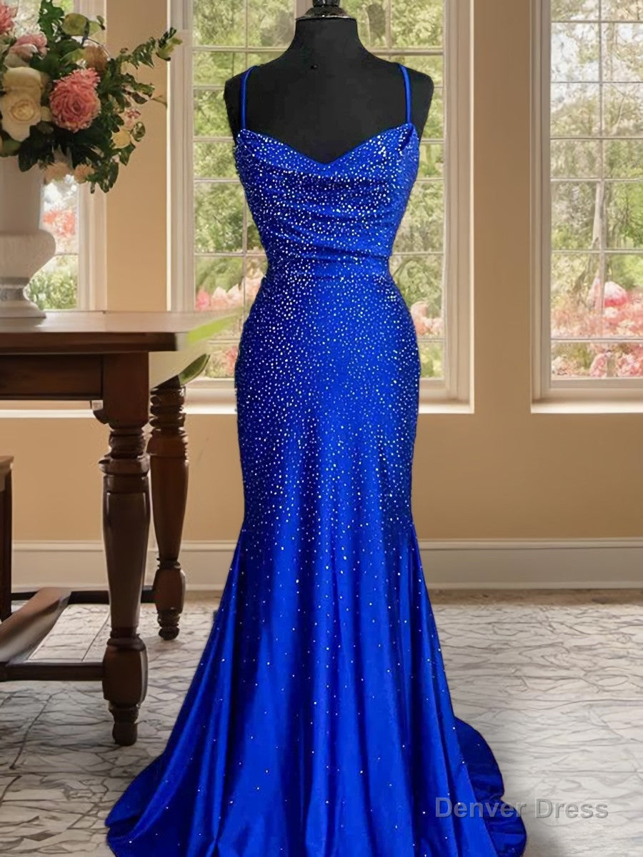 A Line Spaghetti Straps Beading Sweep Train Silk Like Satin Dresses