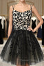 A Line Spaghetti Straps Black Homecoming Dresses Short Prom Dresses with Appliques