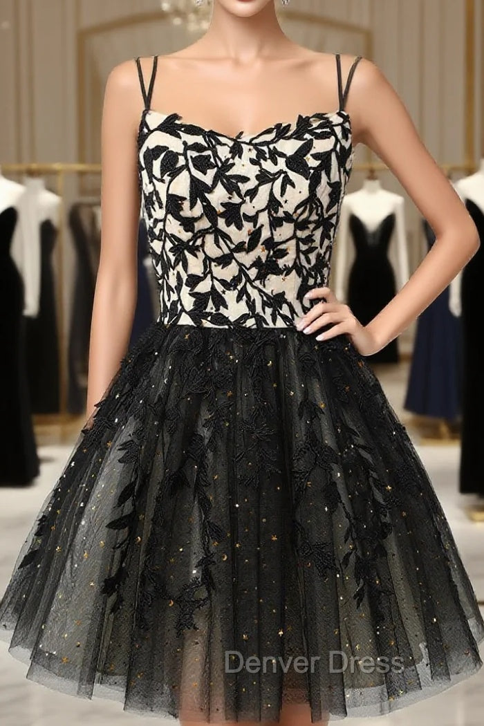 A Line Spaghetti Straps Black Homecoming Dress Short Prom Dresses with Appliques Main image