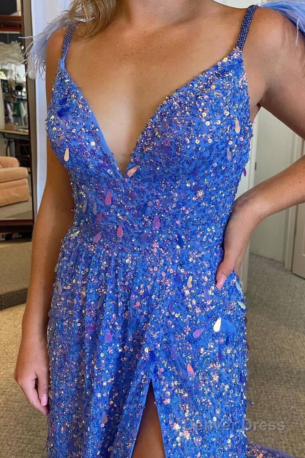 A Line Spaghetti Straps Blue Sequins Long Prom Dresses with Feathers