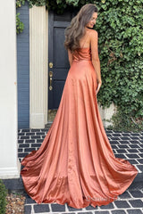 a line spaghetti straps blush long prom dress with split front