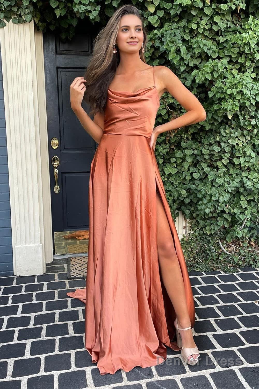 a line spaghetti straps blush long prom dress with split front