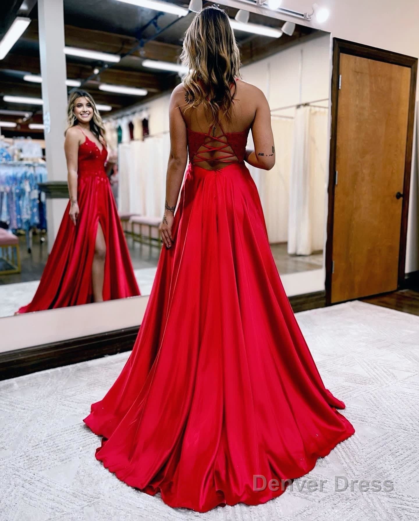 A Line Spaghetti Straps Corset Back Prom Dresses With Split Secondary image