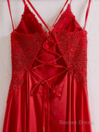 A Line Spaghetti Straps Corset Back Prom Dresses With Split