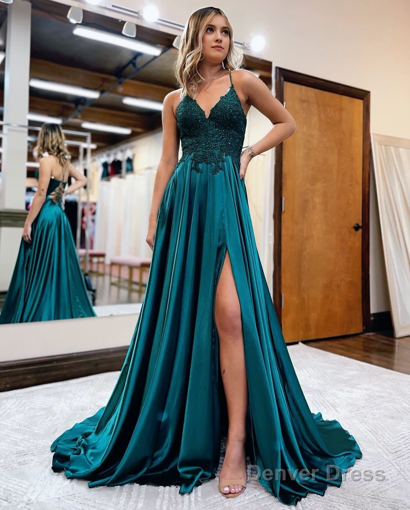 A Line Spaghetti Straps Corset Back Prom Dresses With Split