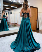 A Line Spaghetti Straps Corset Back Prom Dresses With Split