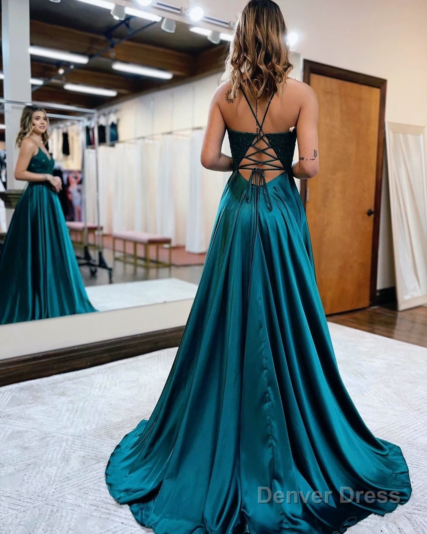 A Line Spaghetti Straps Corset Back Prom Dresses With Split