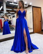 A Line Spaghetti Straps Corset Back Prom Dresses With Split
