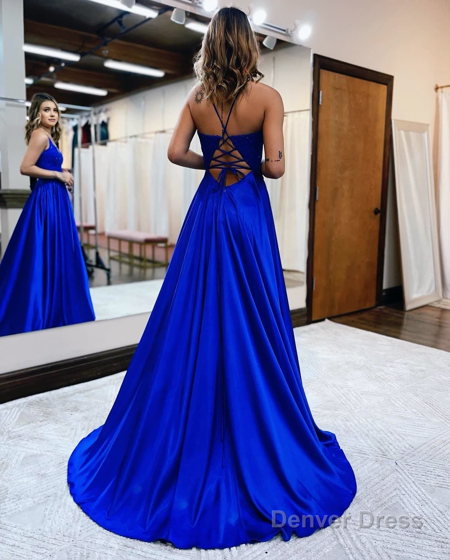 A Line Spaghetti Straps Corset Back Prom Dresses With Split
