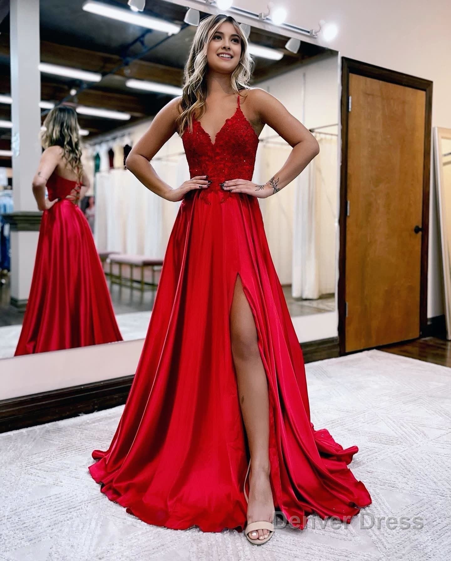 A Line Spaghetti Straps Corset Back Prom Dresses With Split