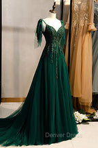 A Line Spaghetti Straps Dark Green Prom Dresses with Beading