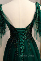 A Line Spaghetti Straps Dark Green Prom Dresses with Beading