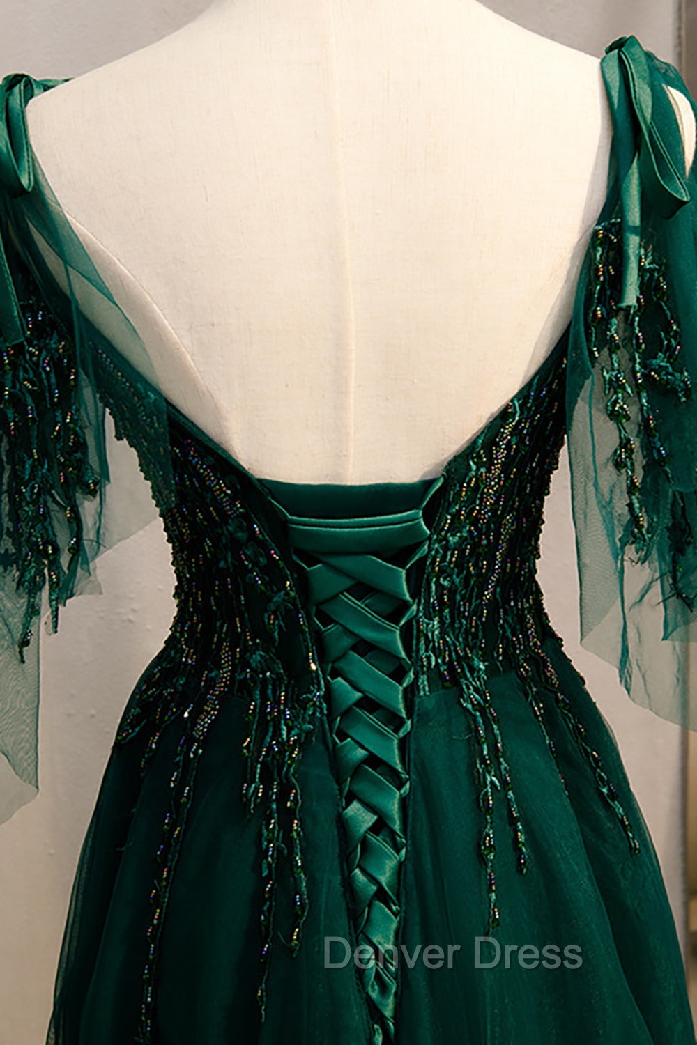A Line Spaghetti Straps Dark Green Prom Dresses with Beading