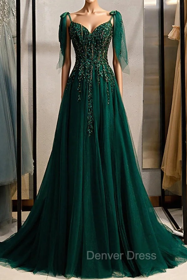 A Line Spaghetti Straps Dark Green Prom Dresses with Beading