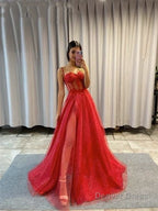 A Line Spaghetti Straps Glitter Tulle Prom Dresses