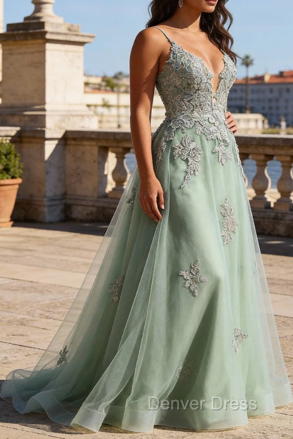 A Line Spaghetti Straps Green Long Prom Dresses with Criss Cross Back Secondary image