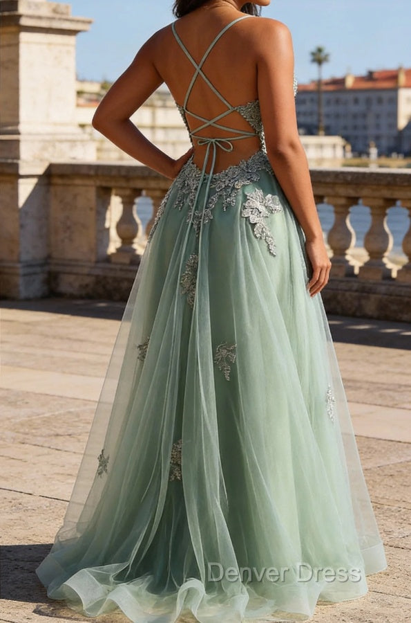 A Line Spaghetti Straps Green Long Prom Dresses with Criss Cross Back
