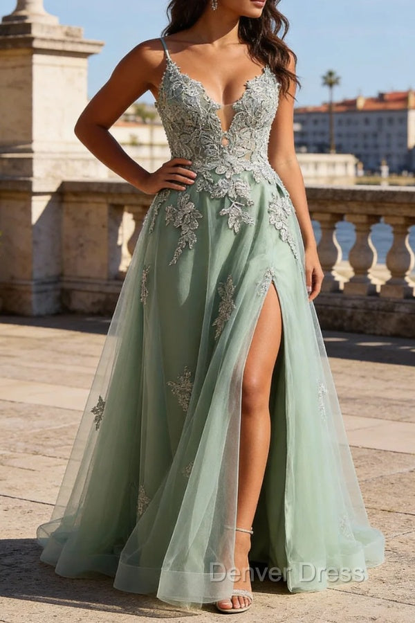 A Line Spaghetti Straps Green Long Prom Dresses with Criss Cross Back Main image