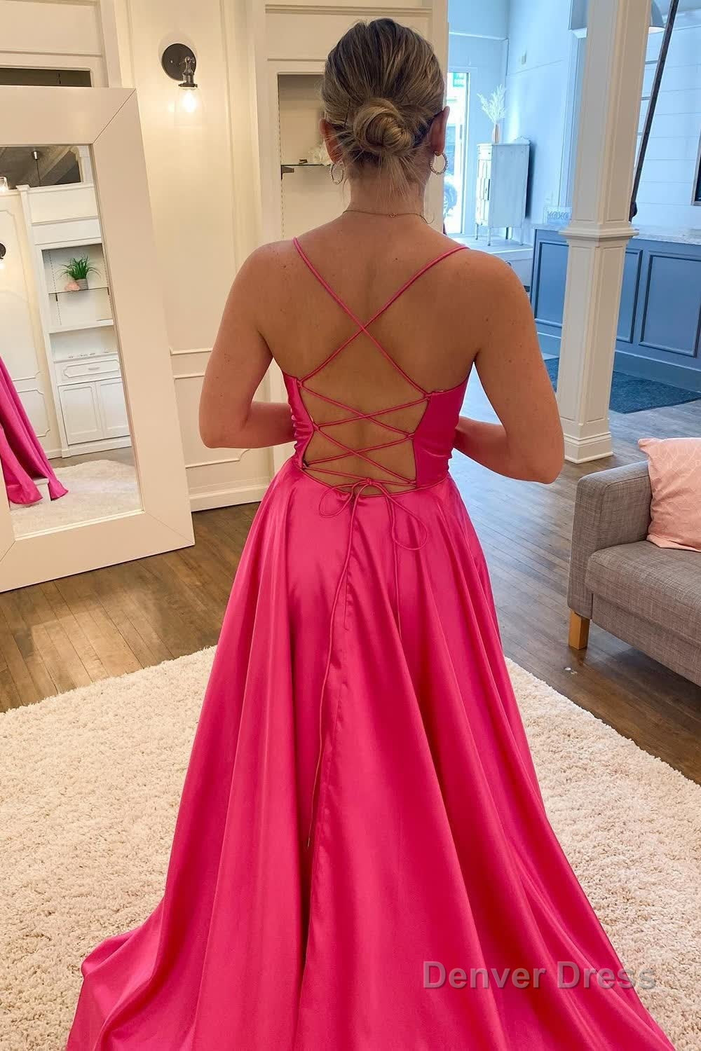 A Line Spaghetti Straps Hot Pink Long Prom Dresses with Split Front Secondary image