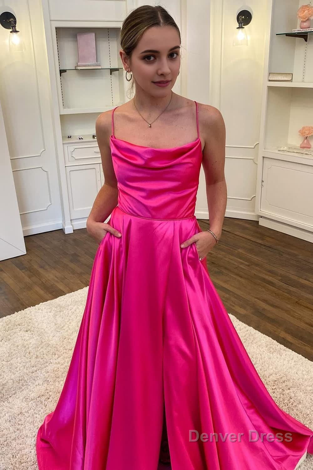 A Line Spaghetti Straps Hot Pink Long Prom Dresses with Split Front Main image