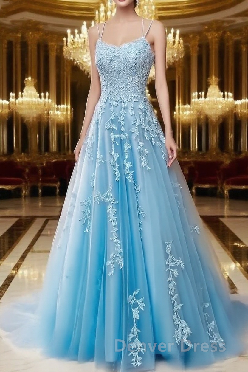 A Line Spaghetti Straps Lace Aqua Prom Dresses Long With Appliques Pretty Dresses