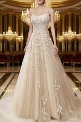 A Line Spaghetti Straps Lace Beige Prom Dresses Long With Appliques Pretty Dresses