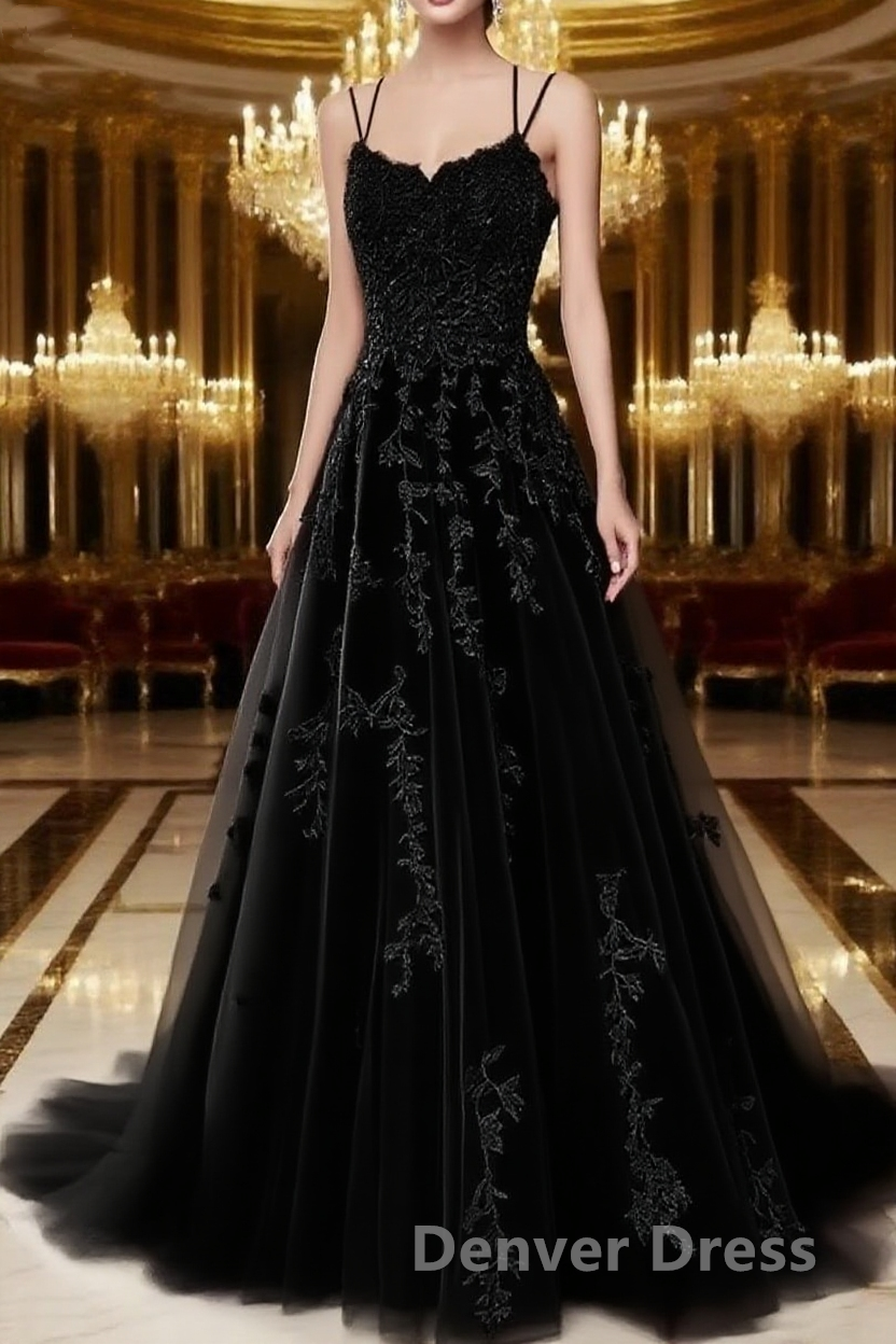 A Line Spaghetti Straps Lace Black Prom Dresses Long With Appliques Pretty Dresses Main image