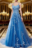 A Line Spaghetti Straps Lace Blue Prom Dresses Long With Appliques Pretty Dresses