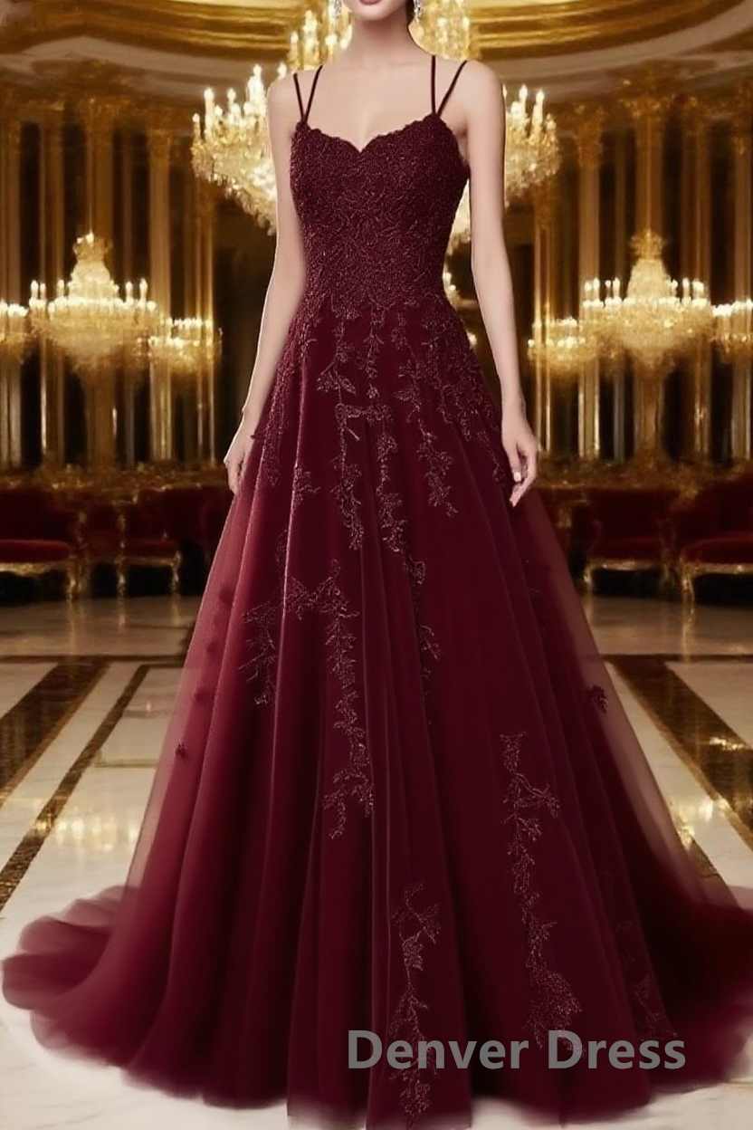 A Line Spaghetti Straps Lace Burgundy Prom Dresses Long With Appliques Pretty Dresses