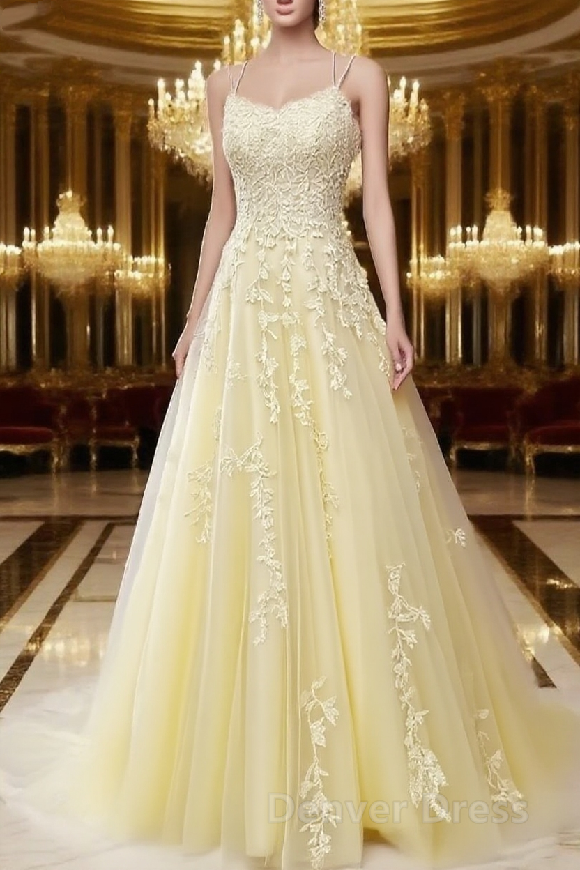 A Line Spaghetti Straps Lace Butter Yellow Prom Dress Long With Appliques Pretty Dresses