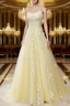 A Line Spaghetti Straps Lace Butter Yellow Prom Dress Long With Appliques Pretty Dresses