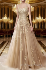 A Line Spaghetti Straps Lace Champagne Gold Prom Dresses Long With Appliques Pretty Dresses