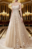 A Line Spaghetti Straps Lace Champagne Prom Dresses Long With Appliques Pretty Dresses