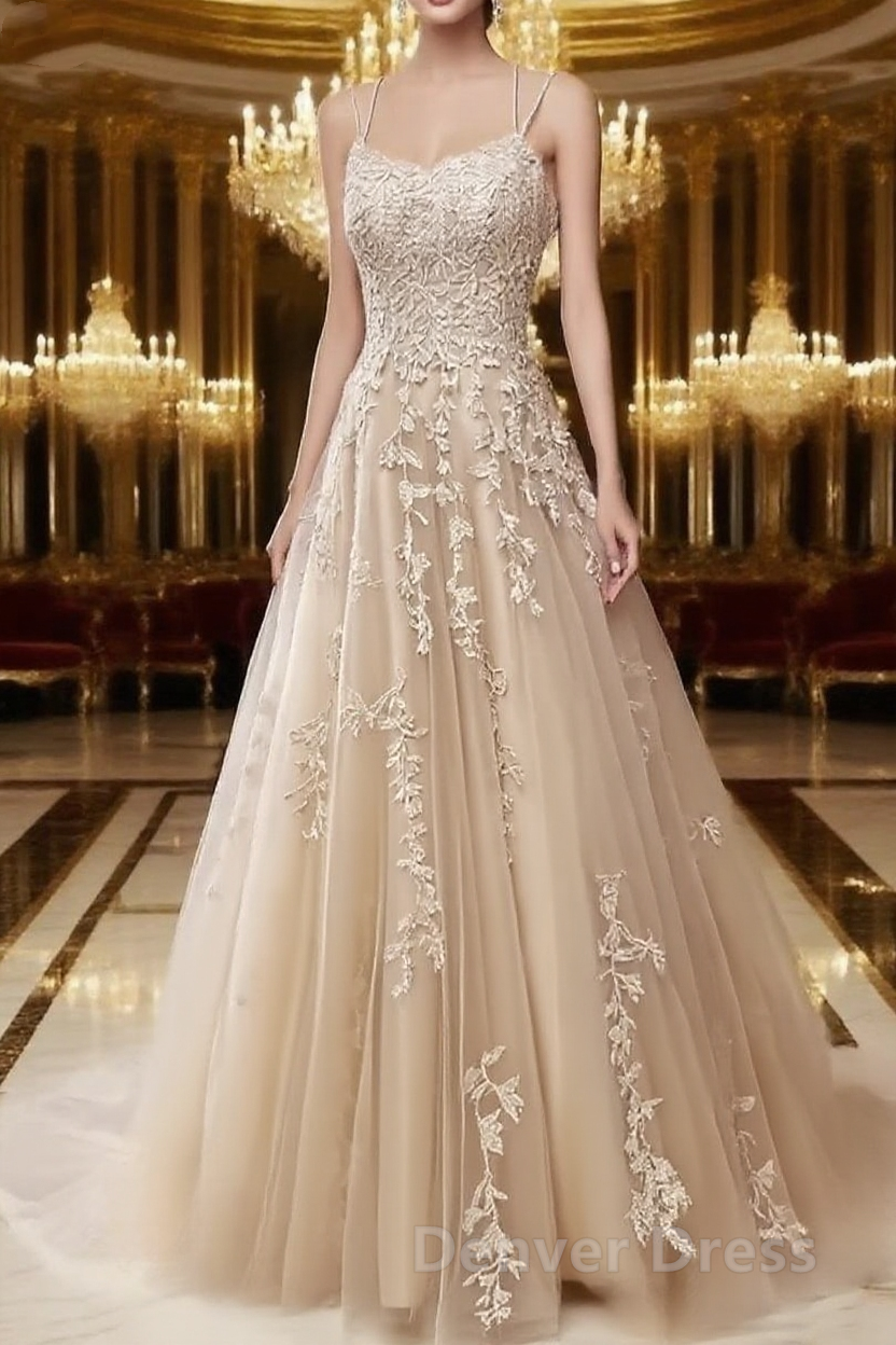 A Line Spaghetti Straps Lace Champagne Prom Dress Long With Appliques Pretty Dresses