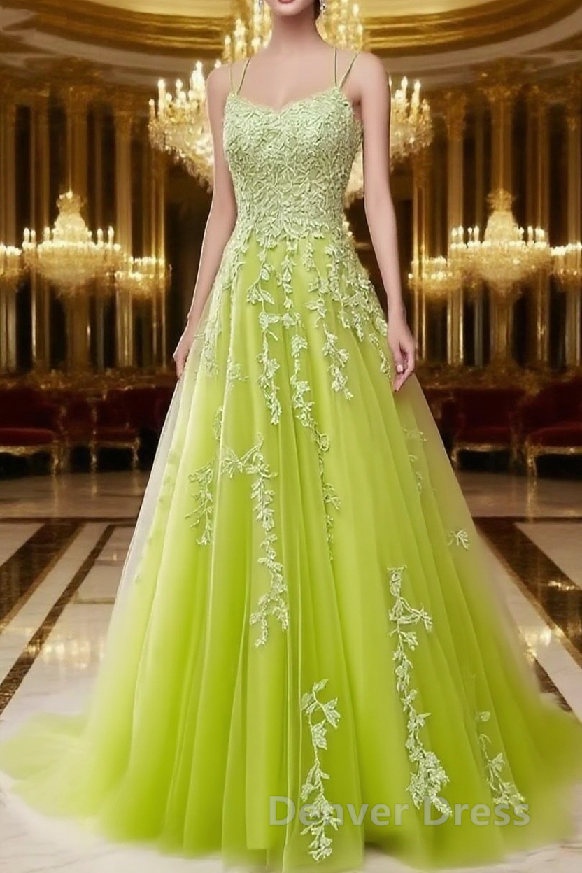A Line Spaghetti Straps Lace Chartreuse Prom Dresses Long With Appliques Pretty Dresses Main image