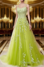 A Line Spaghetti Straps Lace Chartreuse Prom Dresses Long With Appliques Pretty Dresses