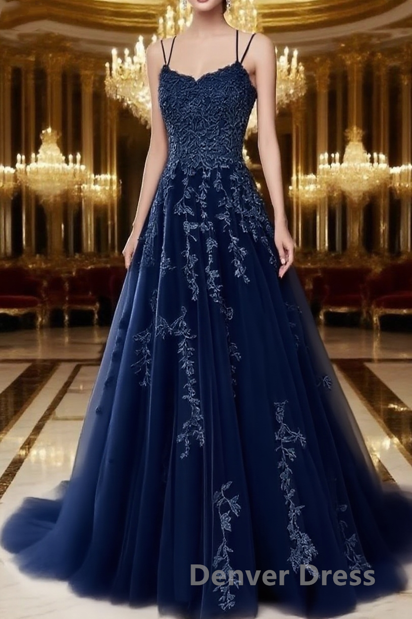 A Line Spaghetti Straps Lace Dark Blue Prom Dresses Long With Appliques Pretty Dresses
