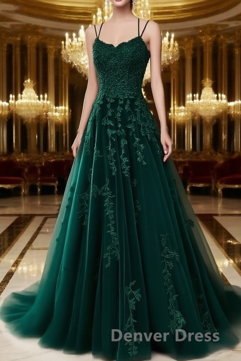 A Line Spaghetti Straps Lace Dark Green Prom Dresses Long With Appliques Pretty Dresses