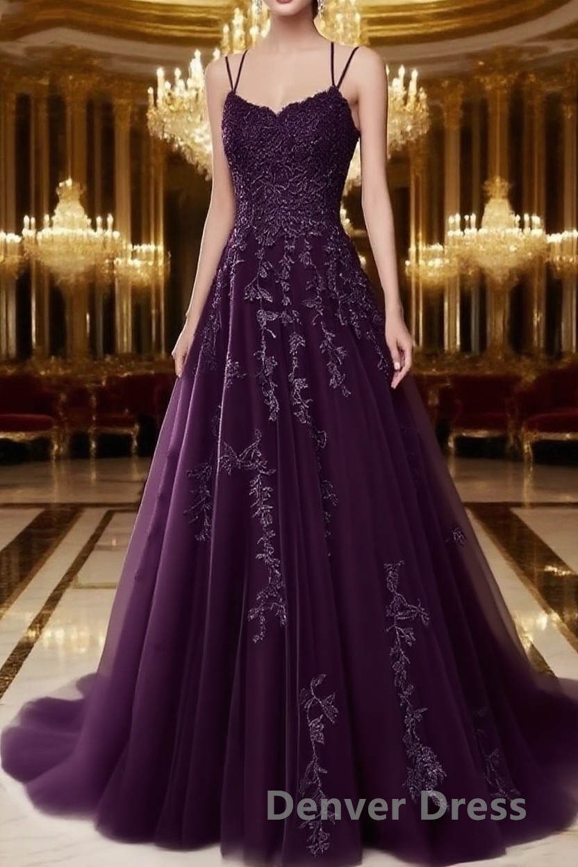 A Line Spaghetti Straps Lace Dark Purple Prom Dress Long With Appliques Pretty Dresses