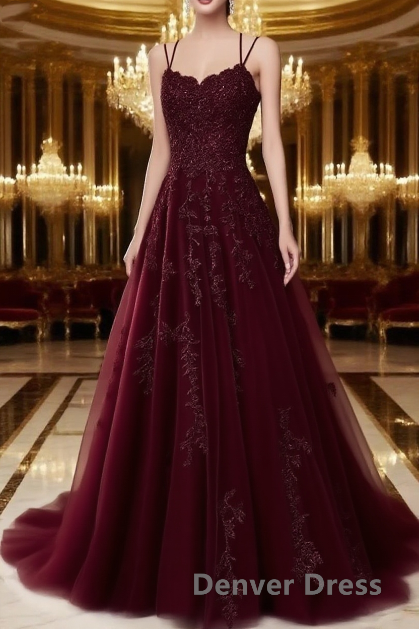 A Line Spaghetti Straps Lace Dark Red Prom Dresses Long With Appliques Pretty Dresses Main image