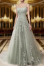 A Line Spaghetti Straps Lace Dusty Sage Prom Dresses Long With Appliques Pretty Dresses
